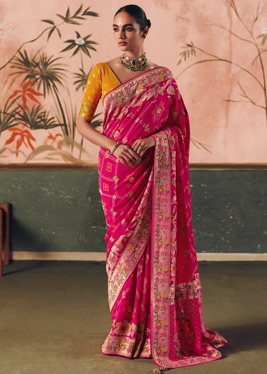Pure Khaddi Georgette Hot Pink Bridal Bandhani Saree & Yellow Blouse