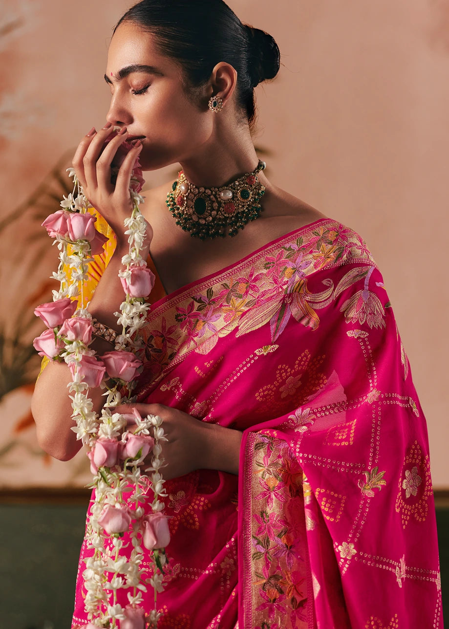 Pure Khaddi Georgette Hot Pink Bridal Bandhani Saree & Yellow Blouse