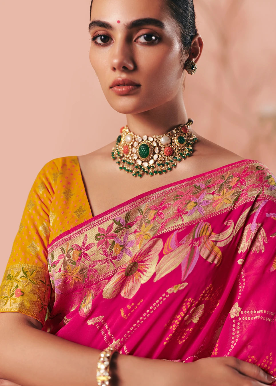 Pure Khaddi Georgette Hot Pink Bridal Bandhani Saree & Yellow Blouse