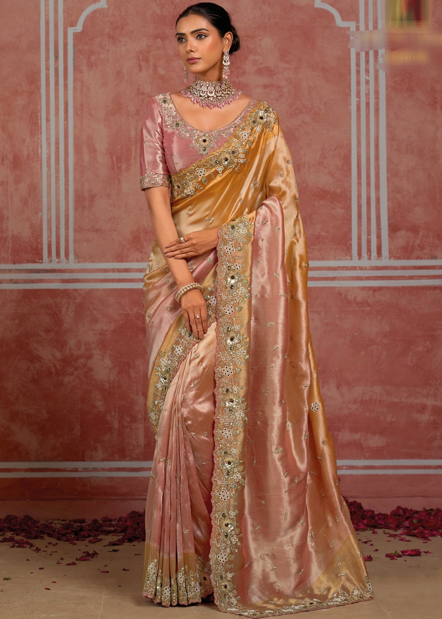 Golden & Pink Banarasi Silk Hand Embroidered Bridal Saree