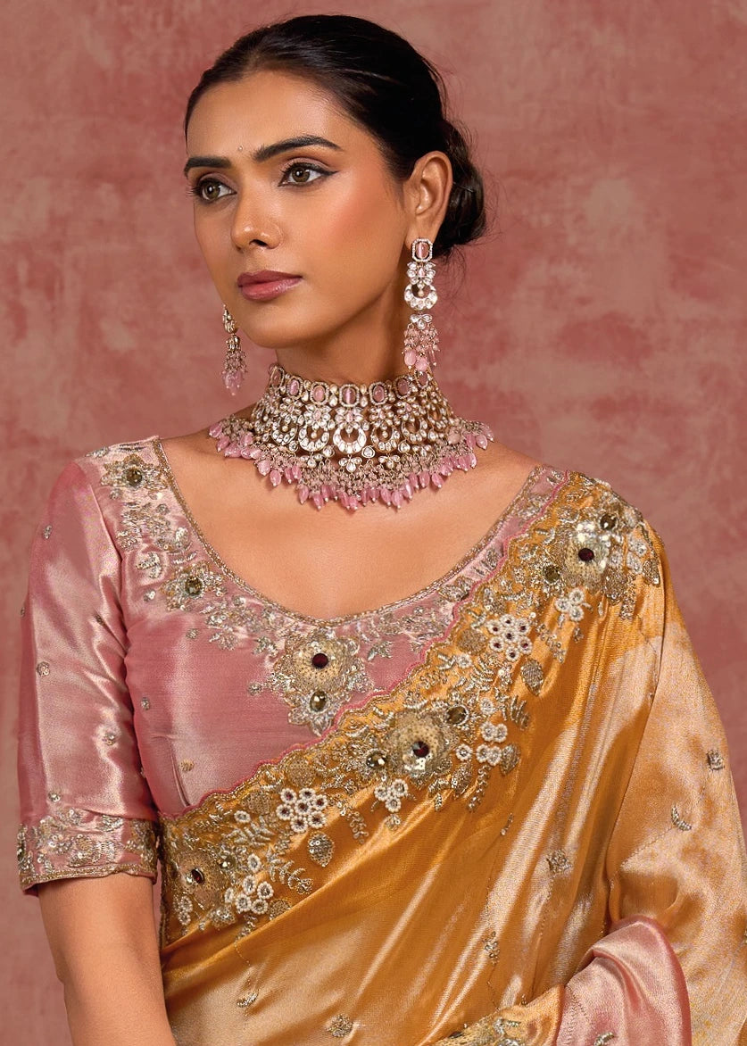 Golden & Pink Banarasi Silk Hand Embroidered Bridal Saree