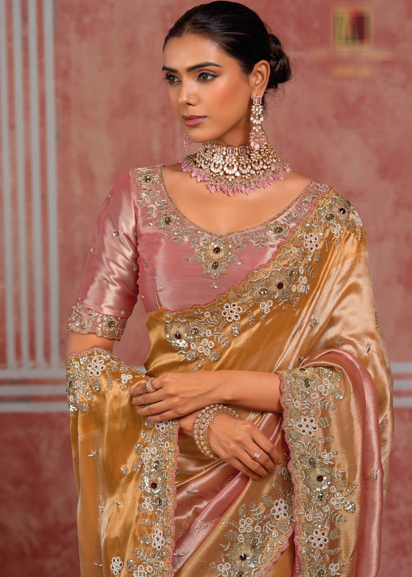 Golden & Pink Banarasi Silk Hand Embroidered Bridal Saree