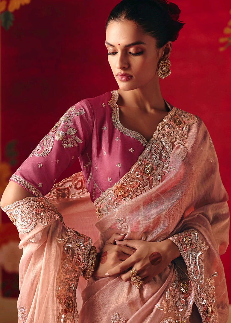 Designer Pastel Pink Organza Tissue Silk Embroidered Saree