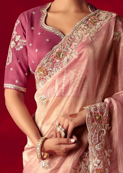 Designer Pastel Pink Organza Tissue Silk Embroidered Saree