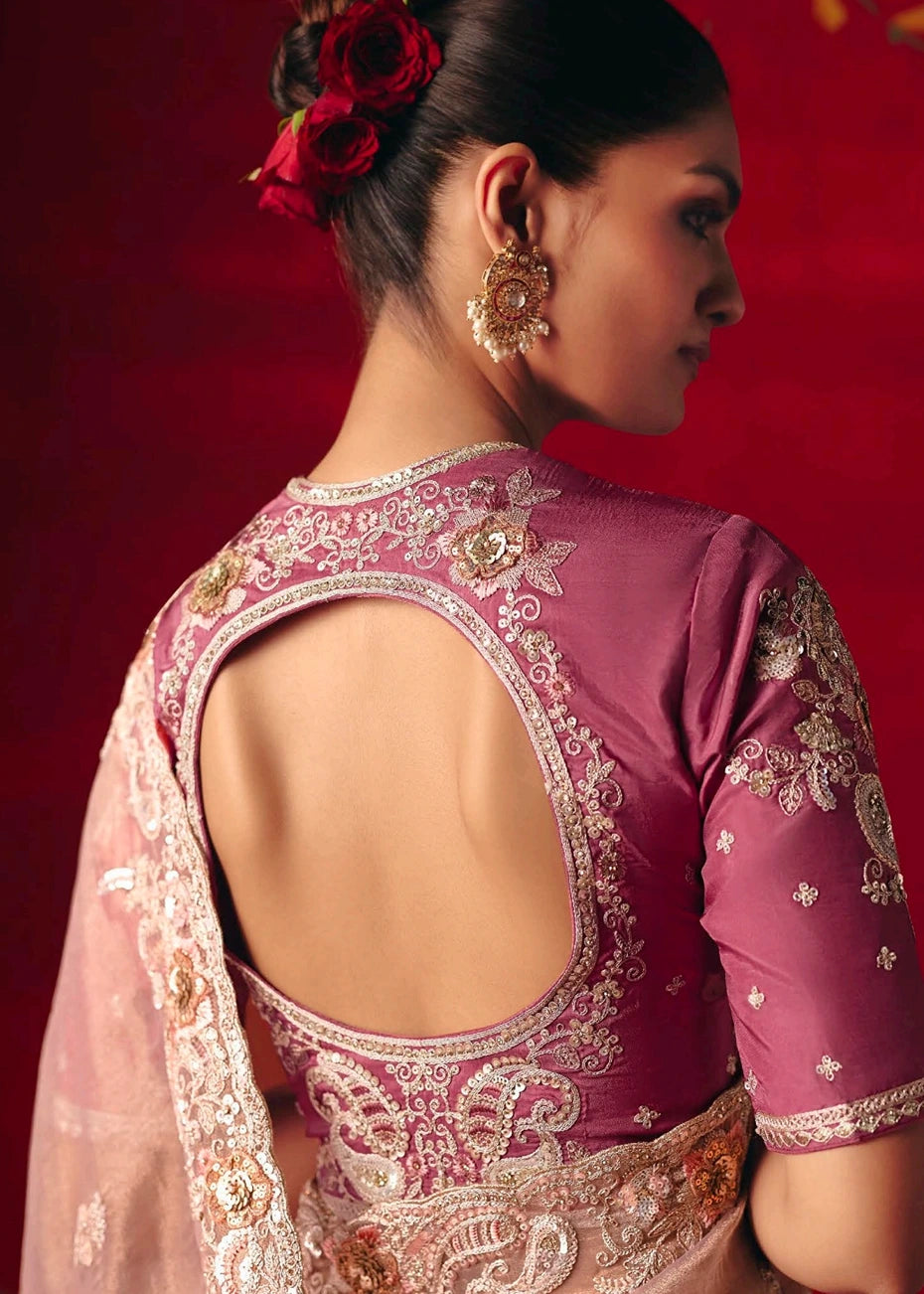 Designer Pastel Pink Organza Tissue Silk Embroidered Saree