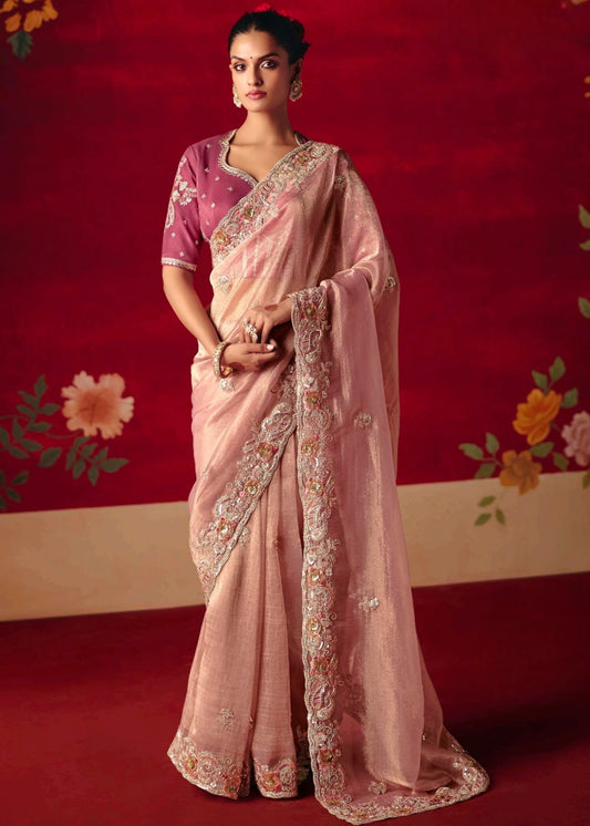 Designer Pastel Pink Organza Tissue Silk Embroidered Saree