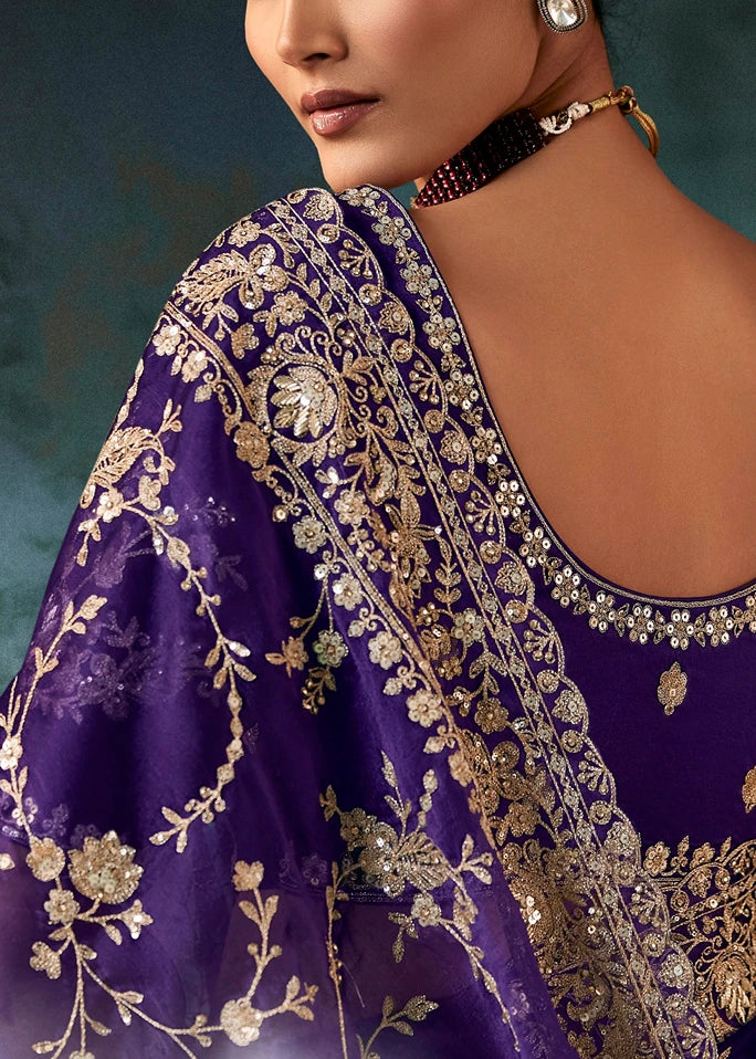 Violet Purple Crepe Silk Dabka Work Embroidered Bridal Saree