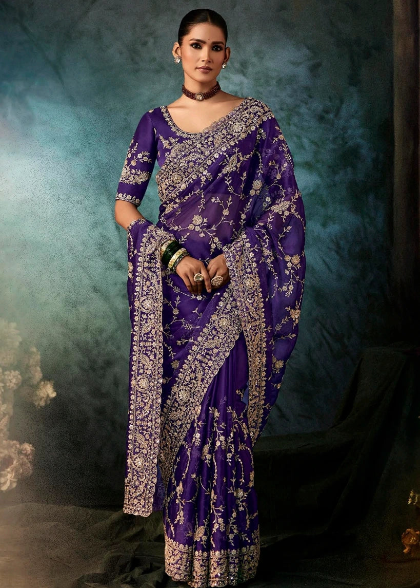 Violet Purple Crepe Silk Dabka Work Embroidered Bridal Saree
