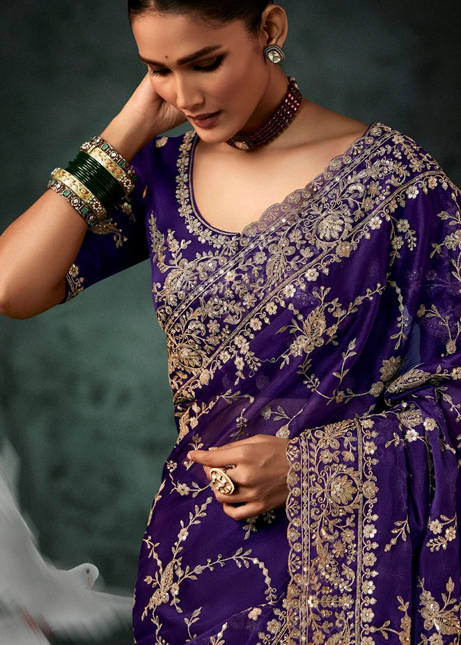 Violet Purple Crepe Silk Dabka Work Embroidered Bridal Saree
