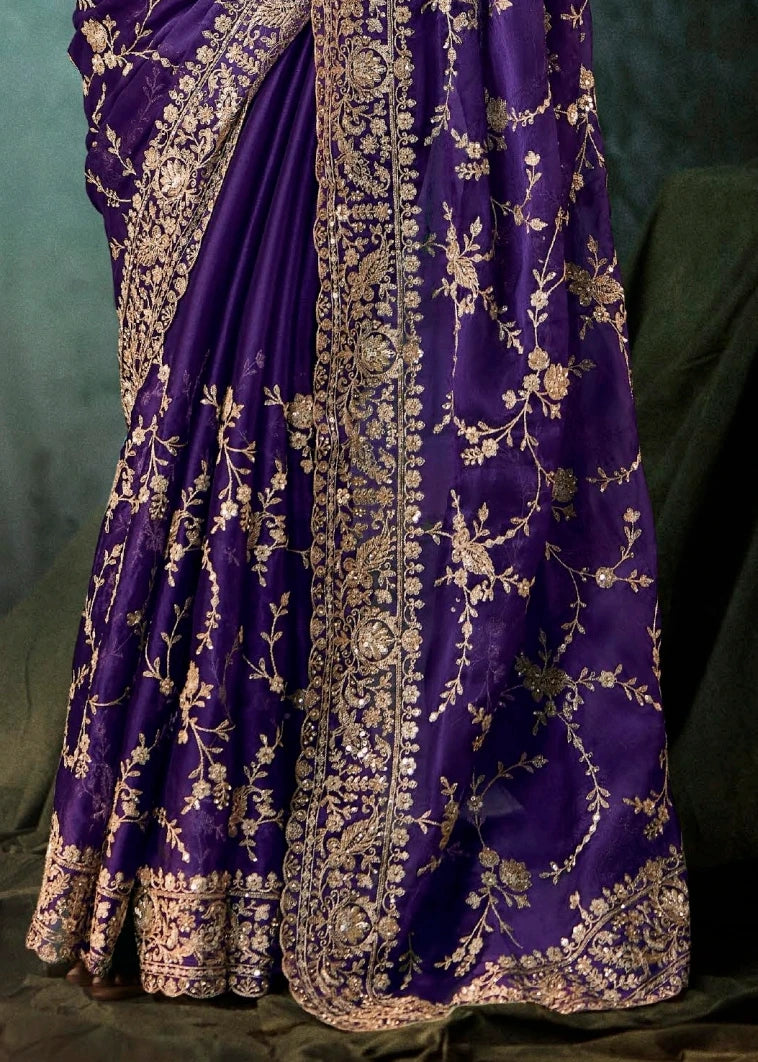 Violet Purple Crepe Silk Dabka Work Embroidered Bridal Saree
