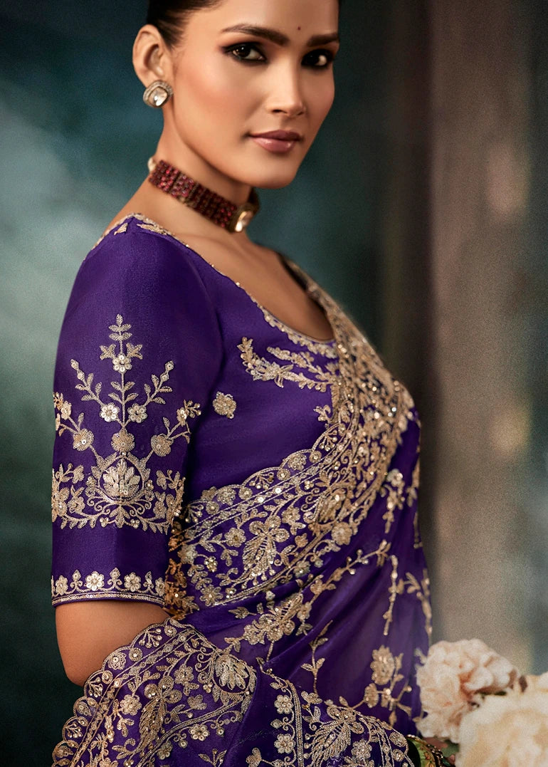 Violet Purple Crepe Silk Dabka Work Embroidered Bridal Saree