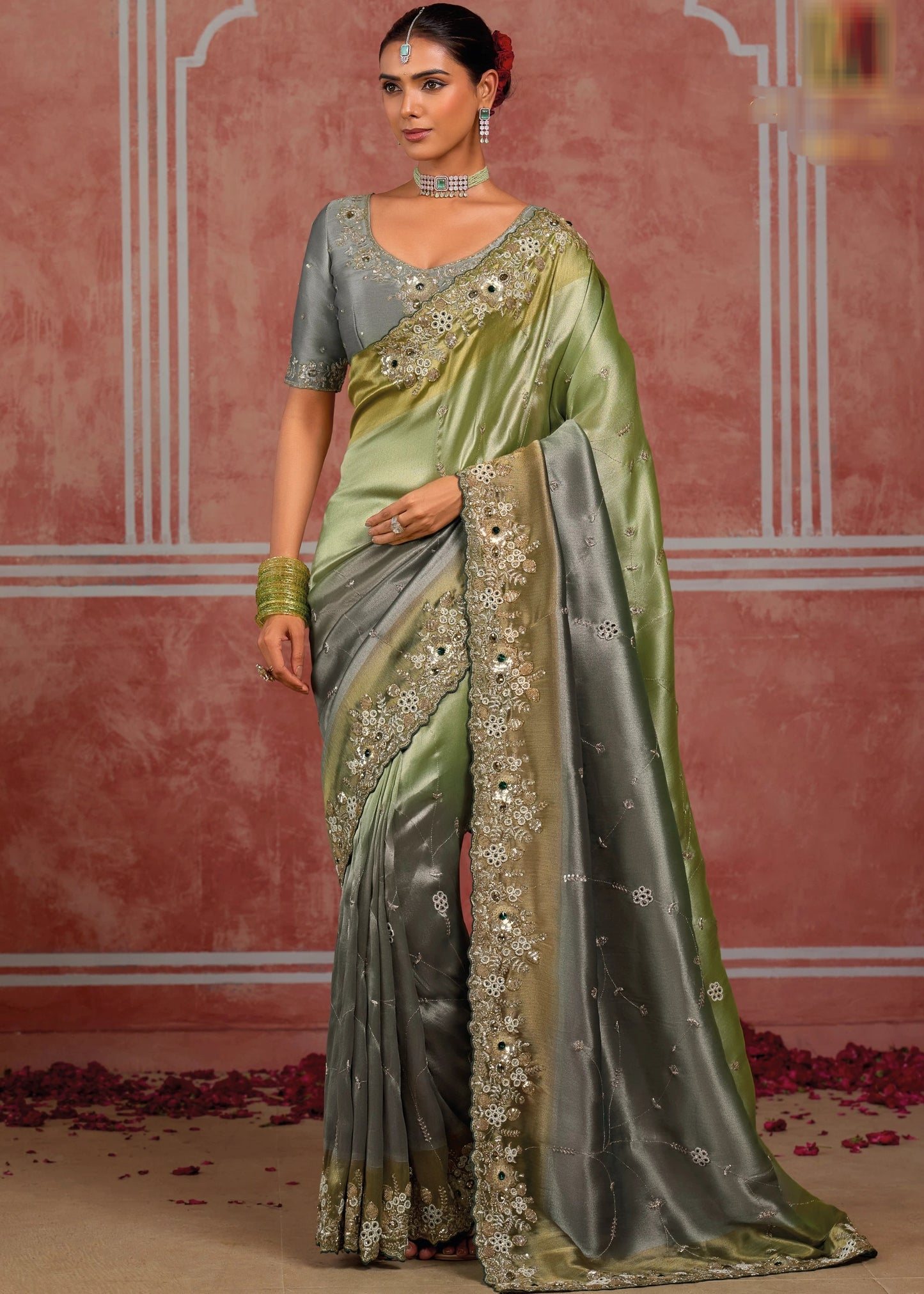 Grey & Pastel Green Banarasi Silk Hand Embroidered Bridal Saree