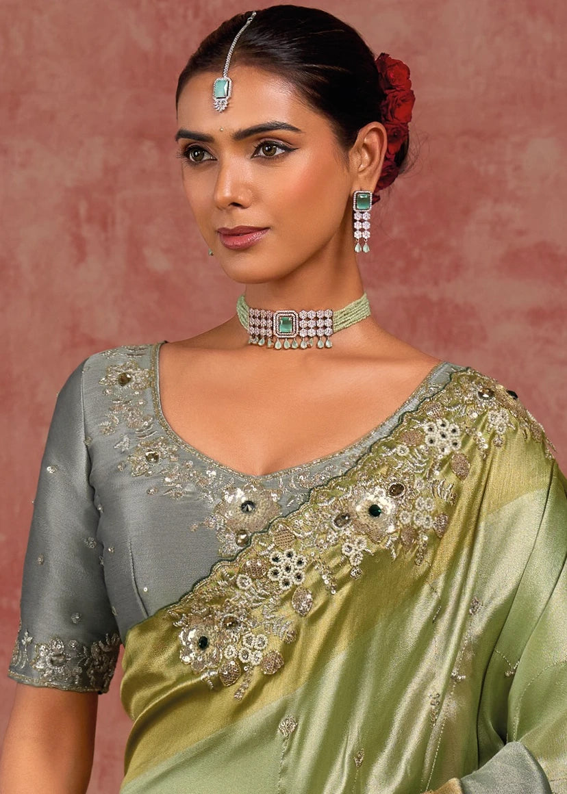Grey & Pastel Green Banarasi Silk Hand Embroidered Bridal Saree