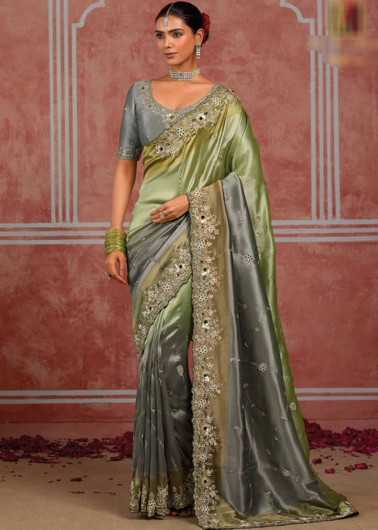 Grey & Pastel Green Banarasi Silk Hand Embroidered Bridal Saree