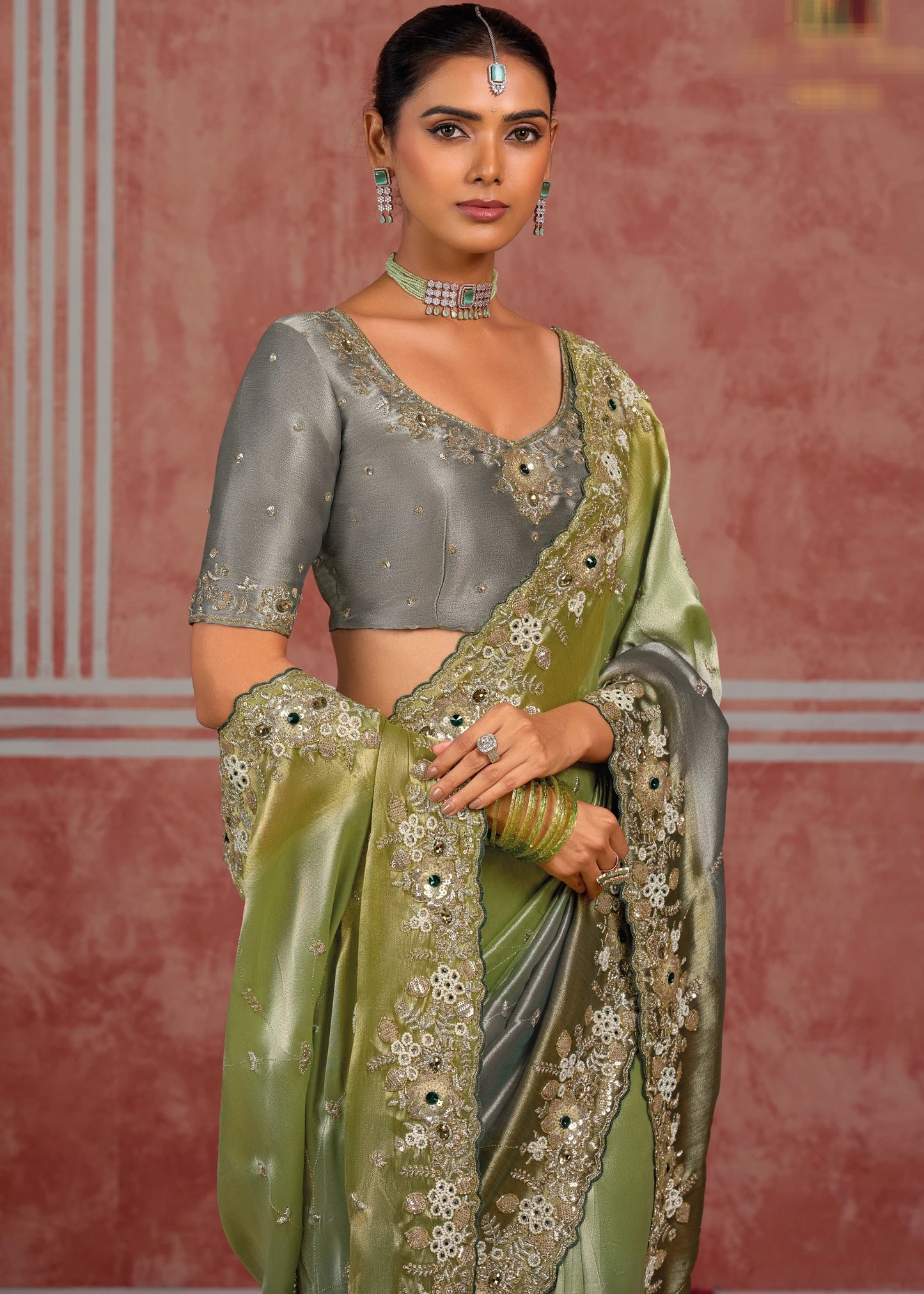 Grey & Pastel Green Banarasi Silk Hand Embroidered Bridal Saree