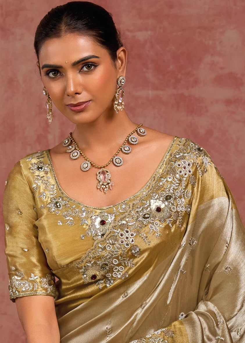 Golden & Beige Banarasi Silk Hand Embroidered Bridal Saree