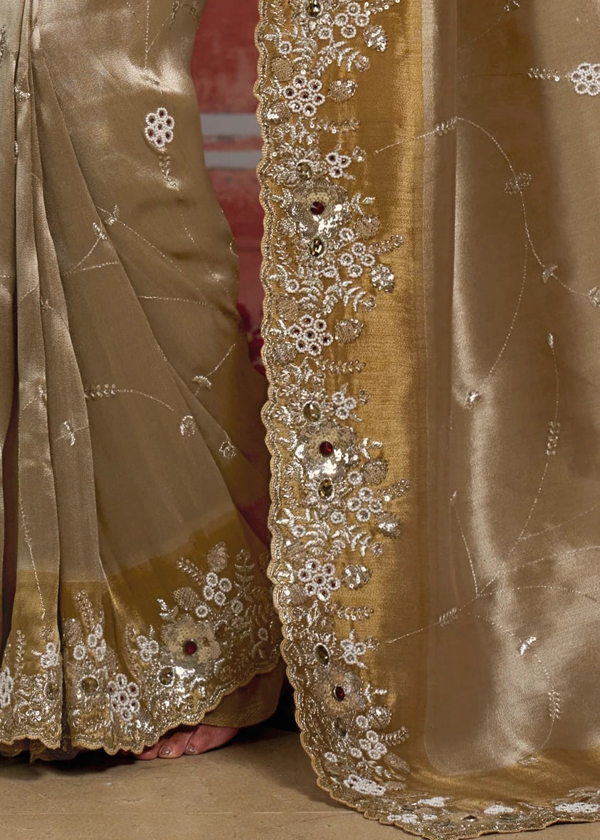 Golden & Beige Banarasi Silk Hand Embroidered Bridal Saree