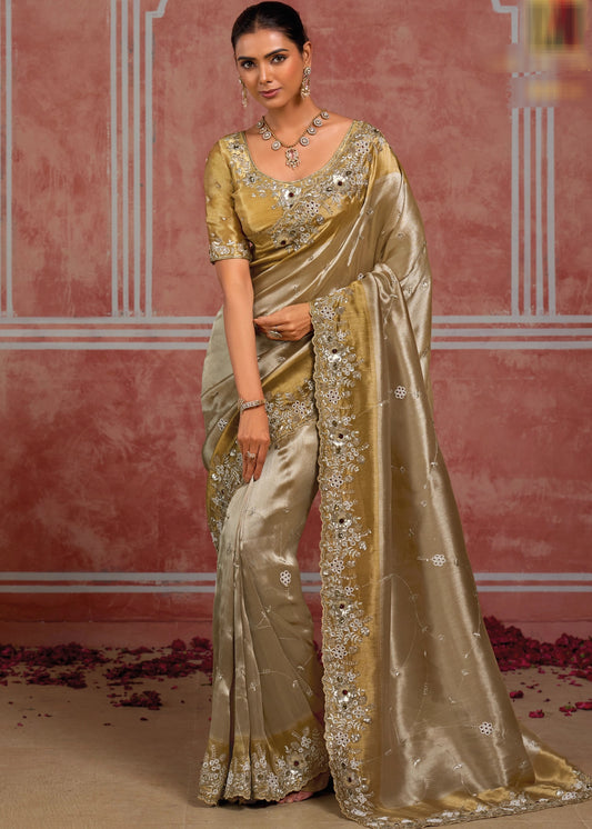 Golden & Beige Banarasi Silk Hand Embroidered Bridal Saree