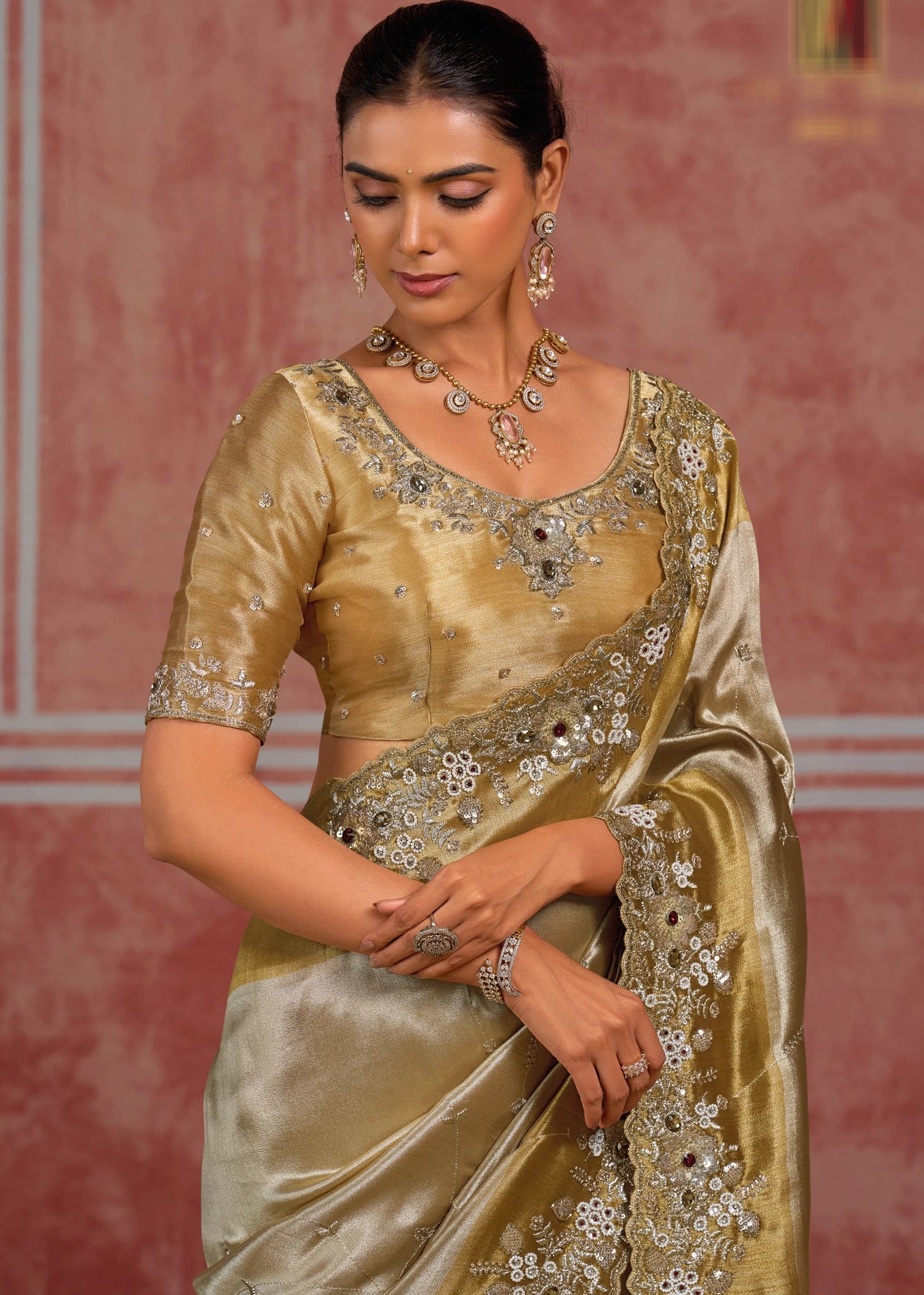 Golden & Beige Banarasi Silk Hand Embroidered Bridal Saree