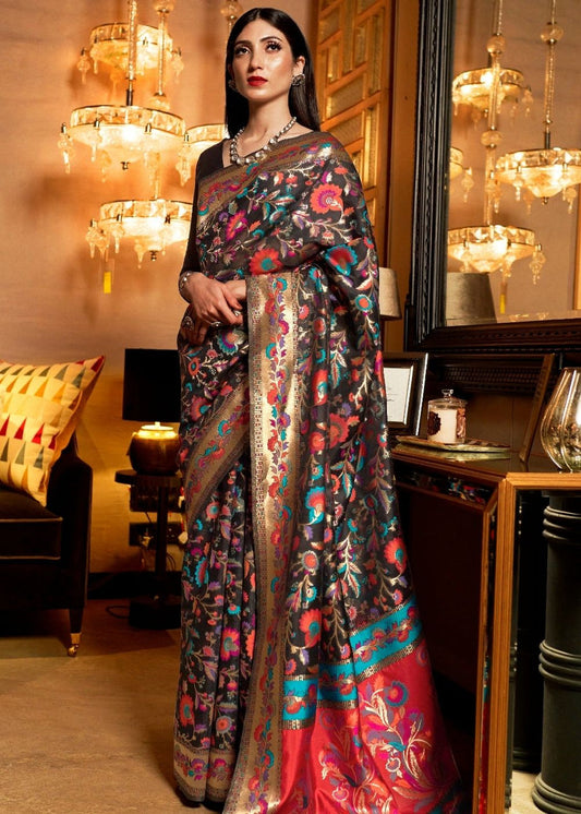 Kashmiri Jamawar Silk Black Pashmina Saree with Banarasi Border