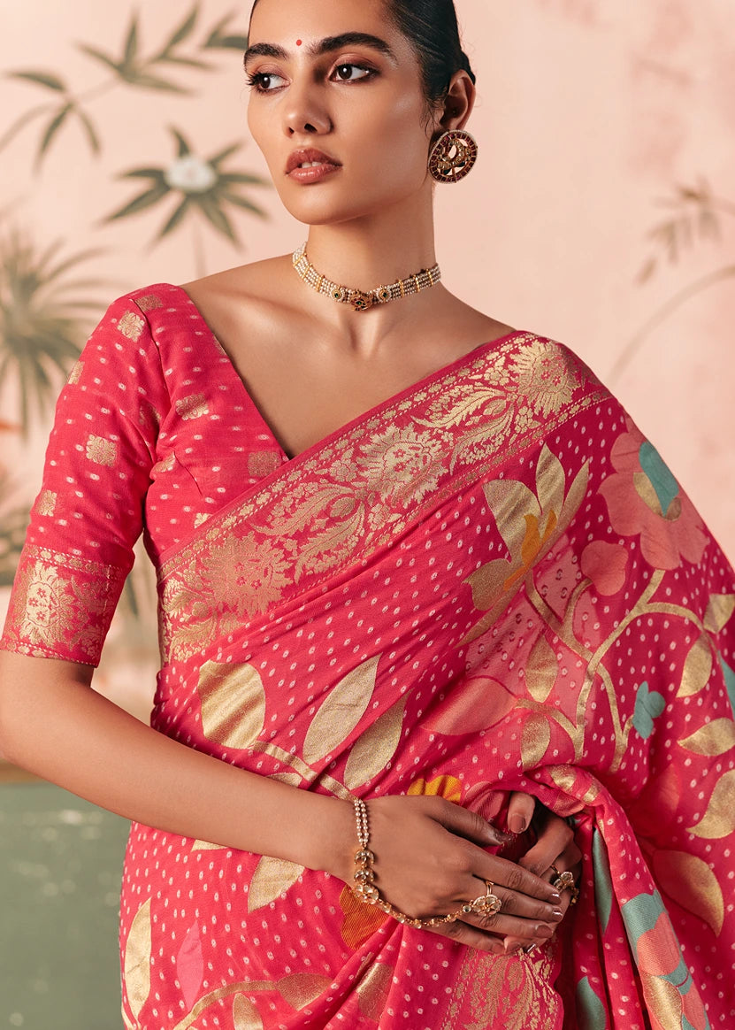 Pure Khaddi Georgette Pinkish Red Bridal Bandhani Saree