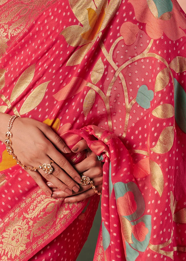 Pure Khaddi Georgette Pinkish Red Bridal Bandhani Saree