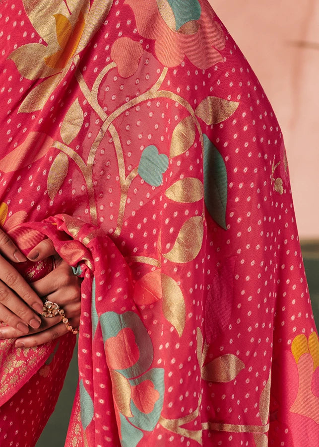 Pure Khaddi Georgette Pinkish Red Bridal Bandhani Saree