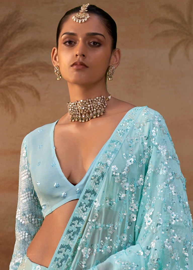Pure Georgette Party Wear Pastel Blue Sequins Floral Saree