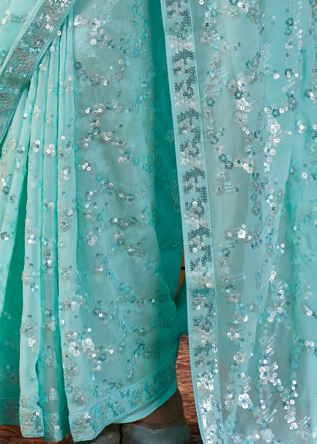 Pure Georgette Party Wear Pastel Blue Sequins Floral Saree