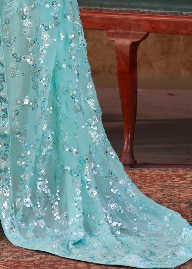 Pure Georgette Party Wear Pastel Blue Sequins Floral Saree