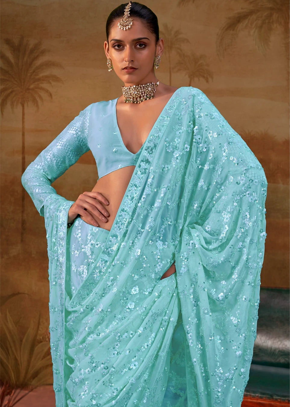 Pure Georgette Party Wear Pastel Blue Sequins Floral Saree