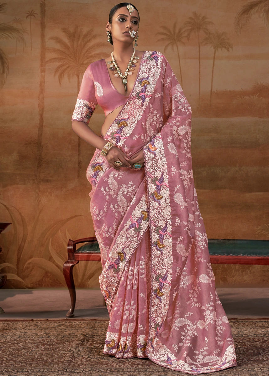 Blush Pink Lucknowi Organza Silk Saree With Parsi Embroidery Border
