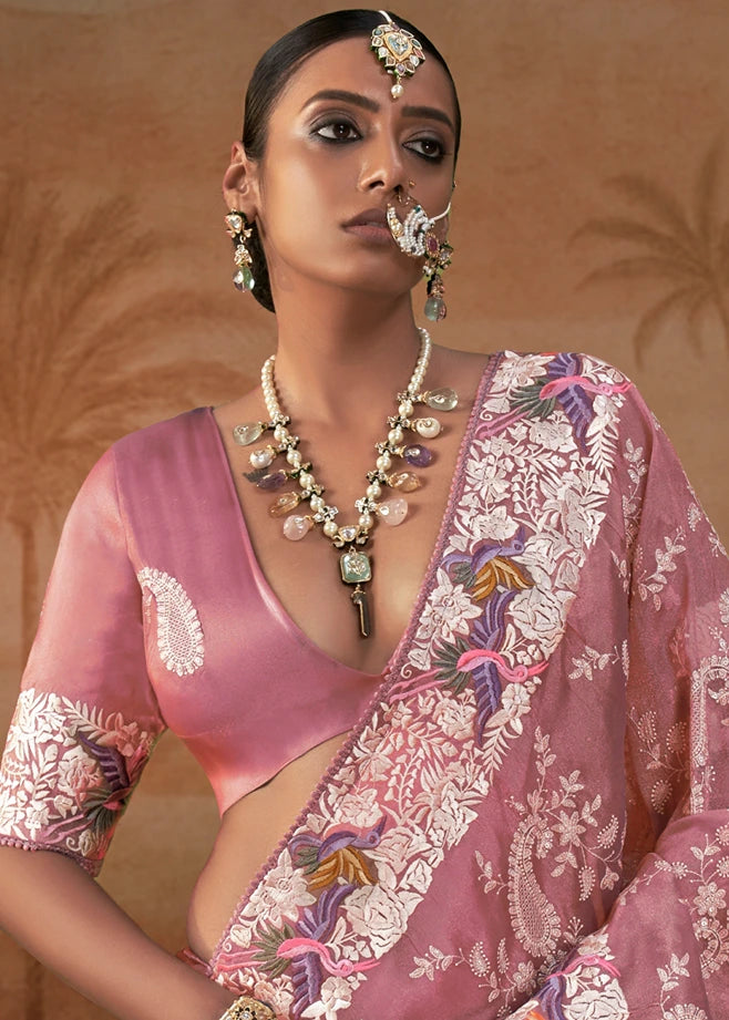 Blush Pink Lucknowi Organza Silk Saree With Parsi Embroidery Border