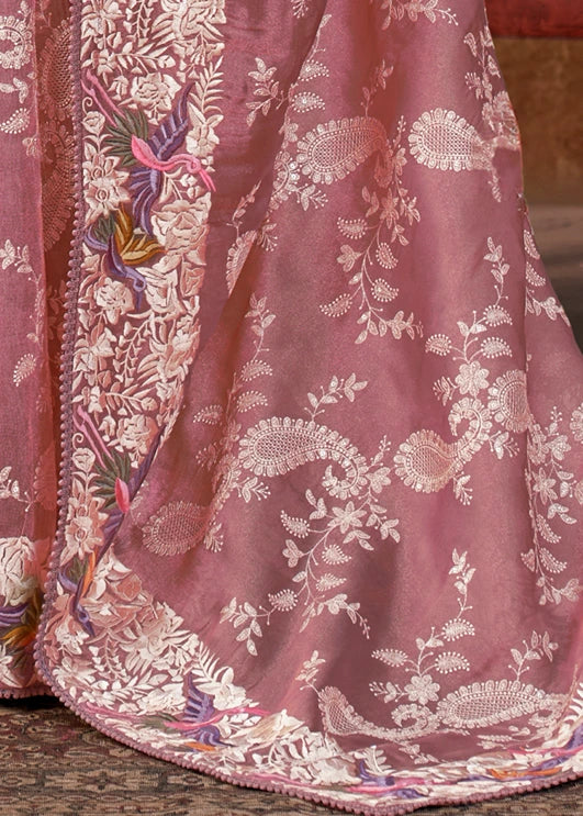 Blush Pink Lucknowi Organza Silk Saree With Parsi Embroidery Border