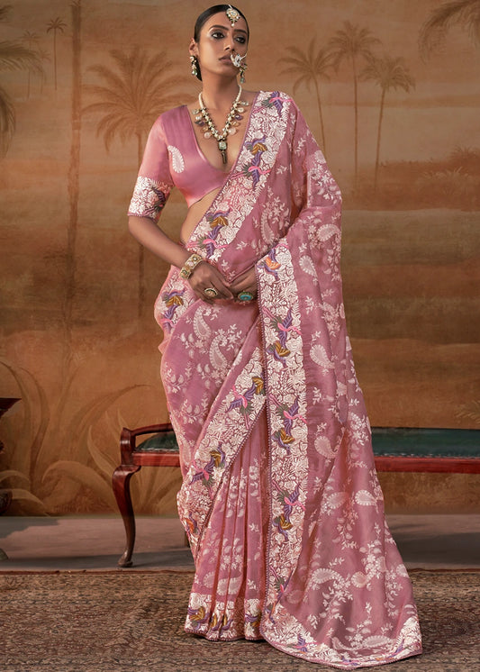 Blush Pink Lucknowi Organza Silk Saree With Parsi Embroidery Border