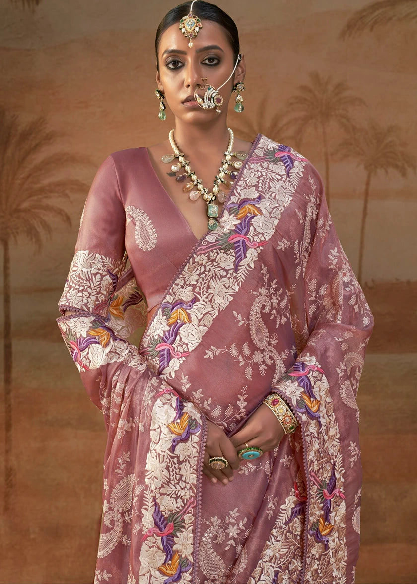 Blush Pink Lucknowi Organza Silk Saree With Parsi Embroidery Border