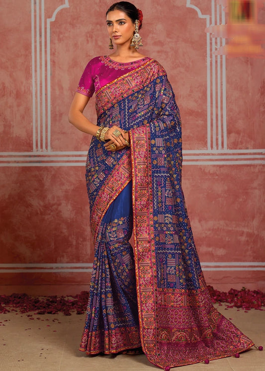 Banarasi Silk Kutchi Bhujodi Royal Blue Gujarati Saree With Rani Pink Blouse