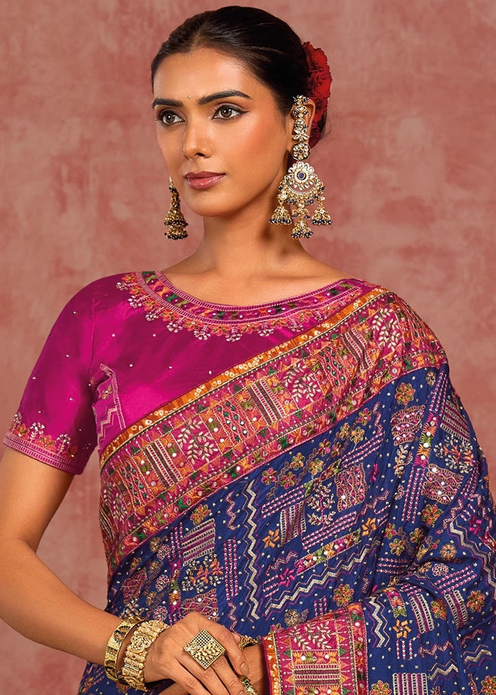 Banarasi Silk Kutchi Bhujodi Royal Blue Gujarati Saree With Rani Pink Blouse