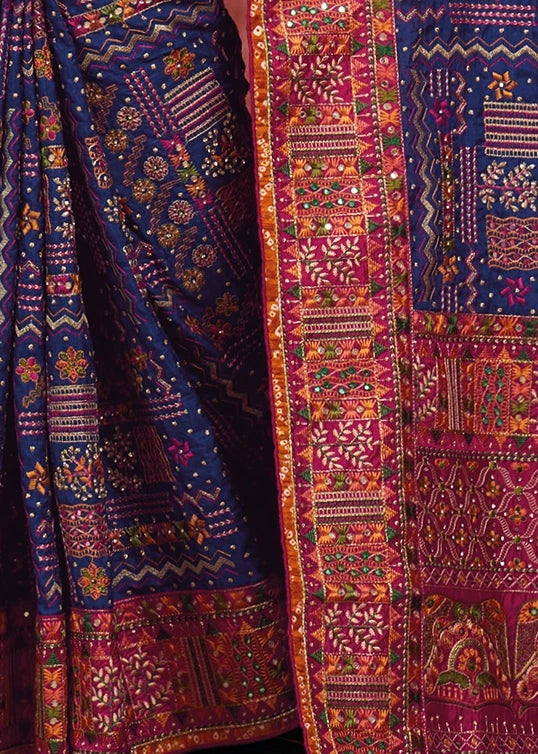 Banarasi Silk Kutchi Bhujodi Royal Blue Gujarati Saree With Rani Pink Blouse
