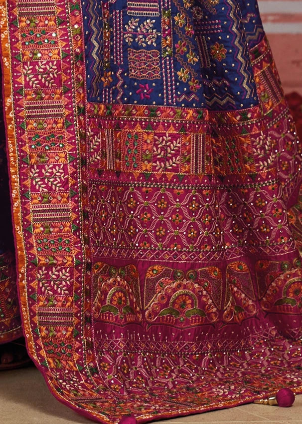Banarasi Silk Kutchi Bhujodi Royal Blue Gujarati Saree With Rani Pink Blouse
