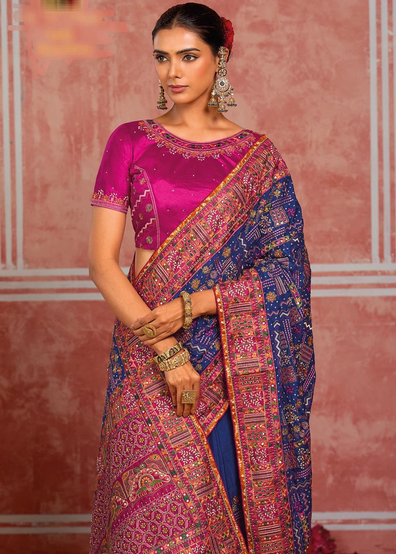 Banarasi Silk Kutchi Bhujodi Royal Blue Gujarati Saree With Rani Pink Blouse