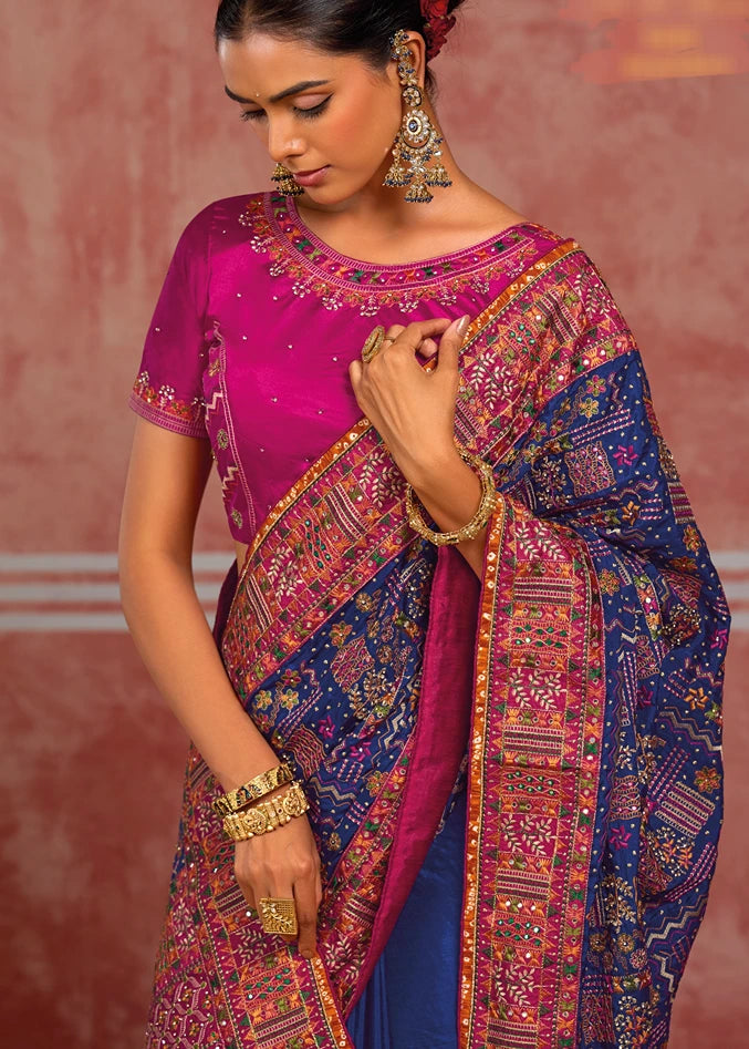 Banarasi Silk Kutchi Bhujodi Royal Blue Gujarati Saree With Rani Pink Blouse