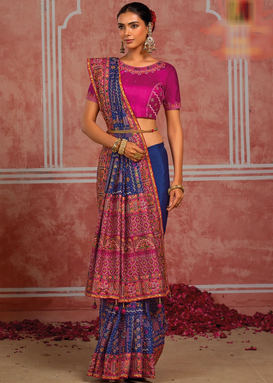 Banarasi Silk Kutchi Bhujodi Royal Blue Gujarati Saree With Rani Pink Blouse