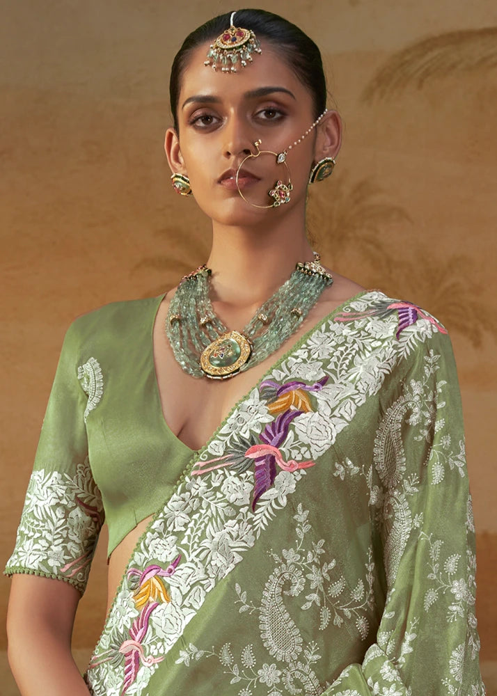 Pista Green Lucknowi Organza Silk Saree With Parsi Embroidery Border
