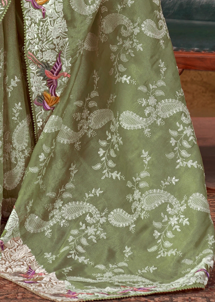 Pista Green Lucknowi Organza Silk Saree With Parsi Embroidery Border