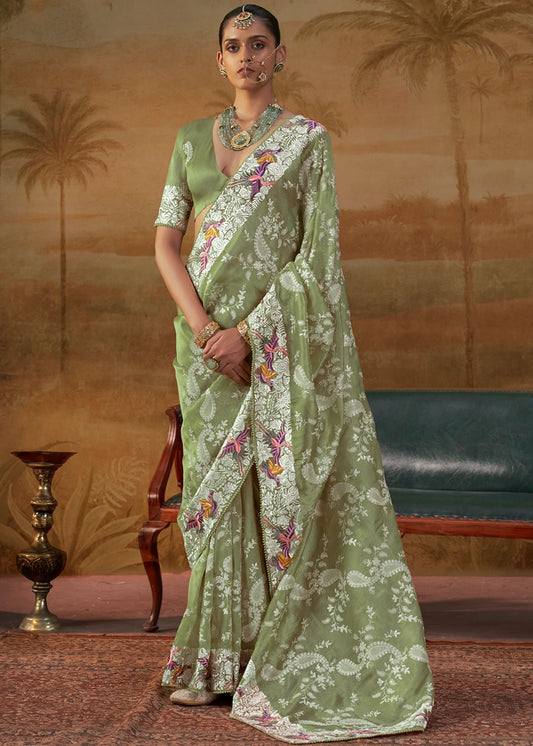 Pista Green Lucknowi Organza Silk Saree With Parsi Embroidery Border