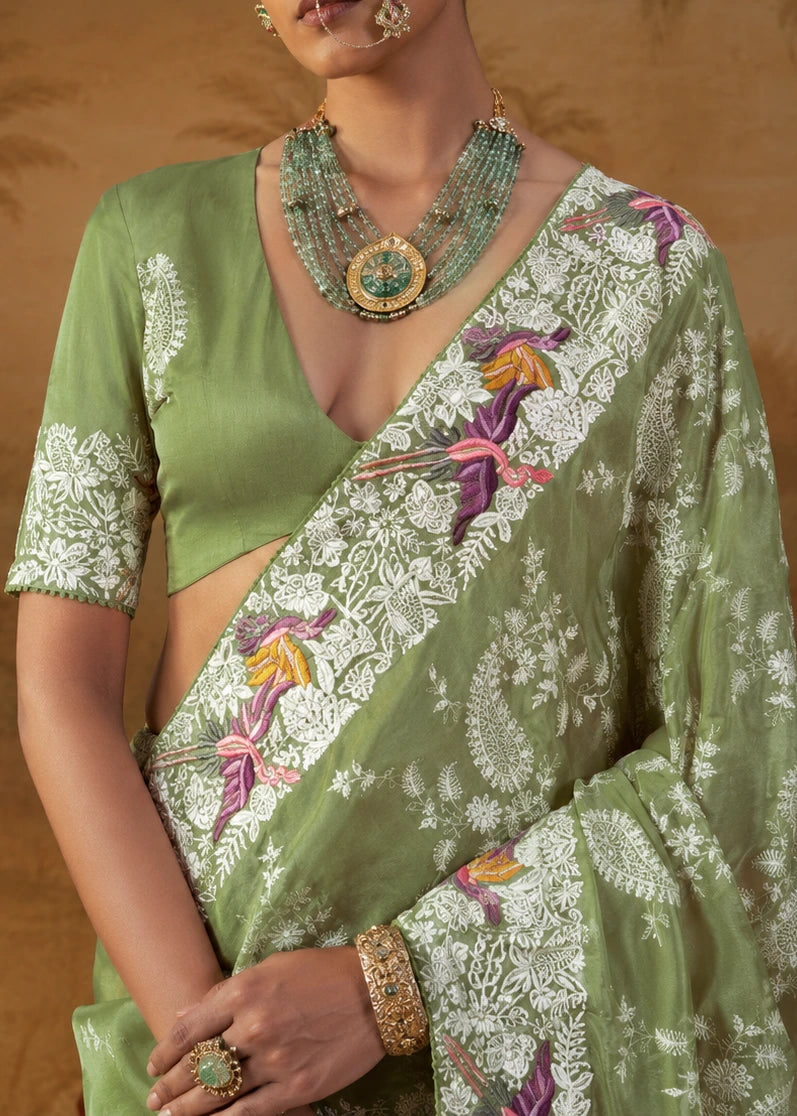 Pista Green Lucknowi Organza Silk Saree With Parsi Embroidery Border