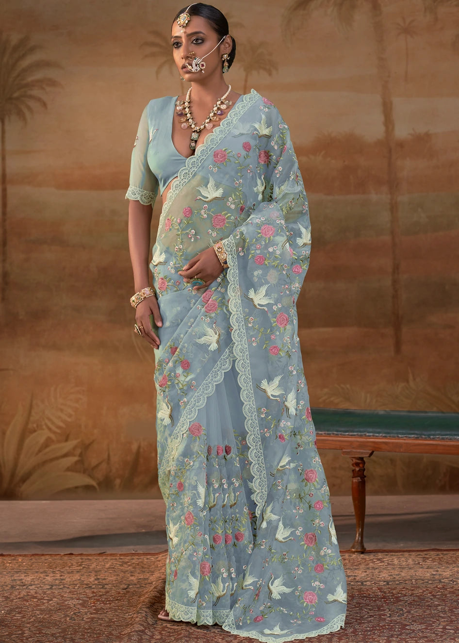 Pastel Blue Organza Silk Parsi Gara Embroidery Saree