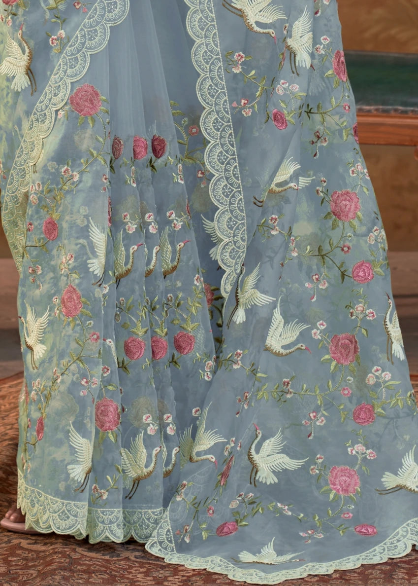 Pastel Blue Organza Silk Parsi Gara Embroidery Saree