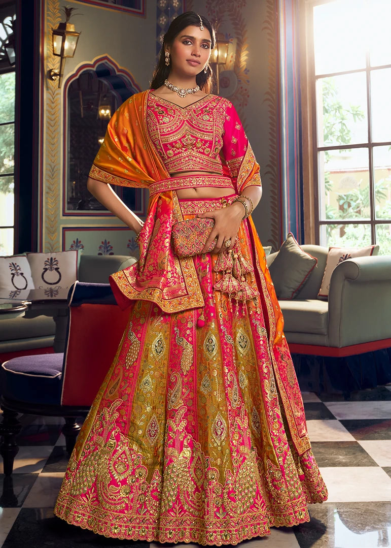 Mustard Yellow & Rani Pink Banarasi Silk Bridal Lehenga Choli With Clutch Purse
